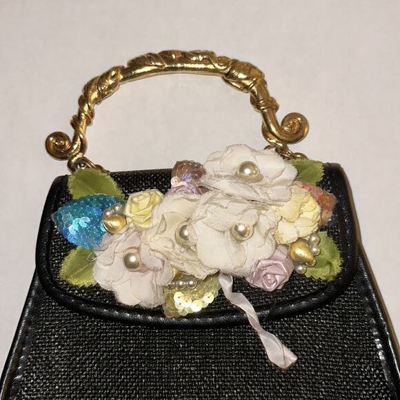 Multi Floral Black Textured Mini Bag Whimsy Goth Fairycore Coquette FLAWED - Picture 6 of 11